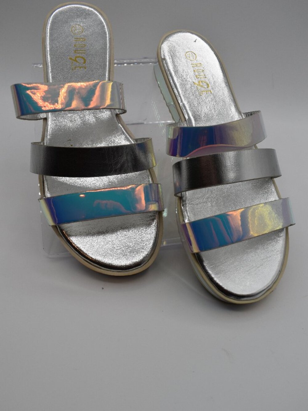 Women's 7.5 Rouge Holographic Iridescent Silver Y2K Sandals with Box